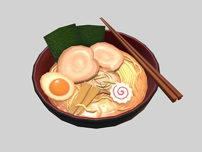 Delicious Ramen Bowl with Soft Boiled Egg Mushrooms Seaweed and Scallions with Chopsticks 3d model