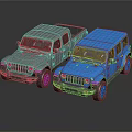 Gray and Blue Off Road Vehicles with Reflective Surfaces on Black Background