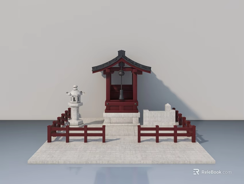 Traditional Japanese Hinged Door with Red Pavilion White Lantern and Stone Brick Floor 3d model 