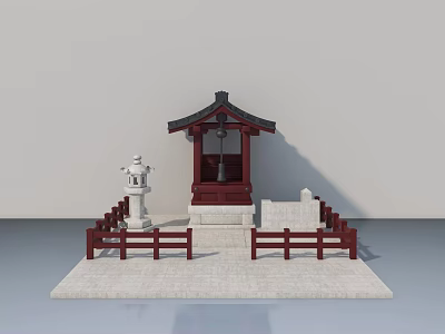 Traditional Japanese Hinged Door with Red Pavilion White Lantern and Stone Brick Floor 3d model