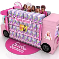 Pink Barbie Bus Shaped Display Shelf with Dolls and Imagination Products