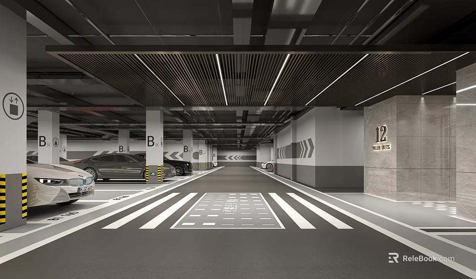 Modern Parking Garage with Parked Cars Floor Lines Arrows Numbered Pillars and Ceiling Lights 3d model 