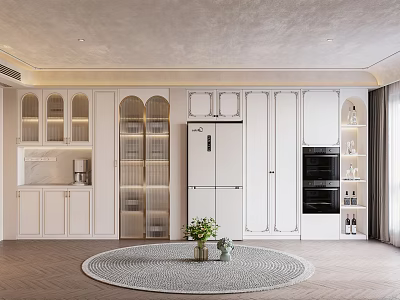 Modern White Wine Cabinet With Glass Doors And Green Plants On Round Rug In Kitchen 3d model