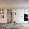 Modern White Wine Cabinet With Glass Doors And Green Plants On Round Rug In Kitchen