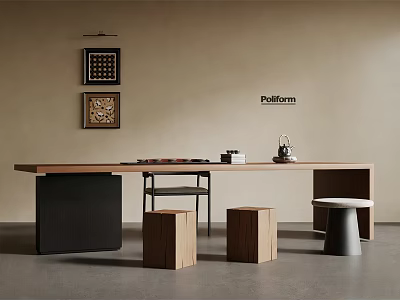 Natural Wood Tea Table and Chairs with Square Stools and Decorative Paintings on Beige Wall 3d model