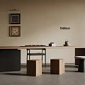 Natural Wood Tea Table and Chairs with Square Stools and Decorative Paintings on Beige Wall