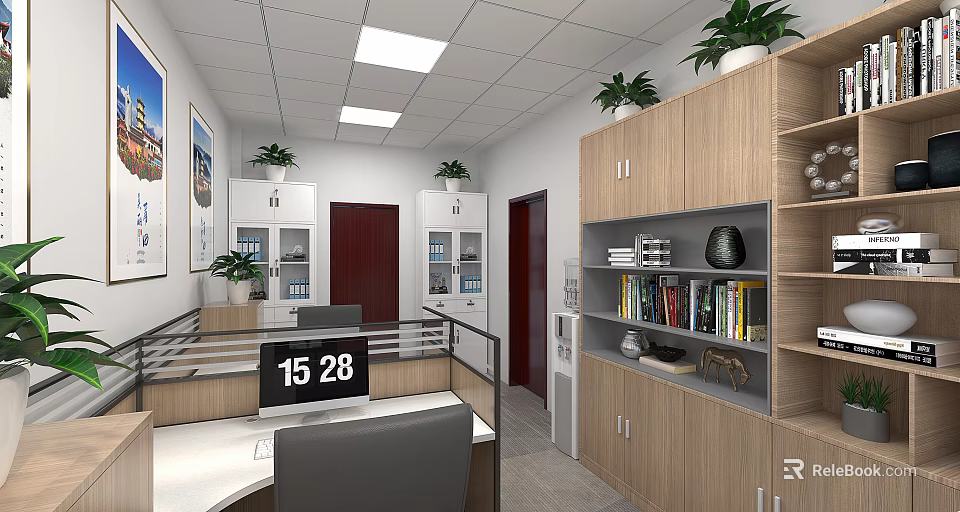 Modern Retail Store Office Area With Desk Computer Bookshelf Plants And Decorative Items 3d model 