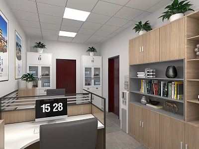 Modern Retail Store Office Area With Desk Computer Bookshelf Plants And Decorative Items 3d model