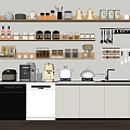 Modern Kitchen Interior Featuring White Cabinets Open Shelves Cans Mugs And Appliances