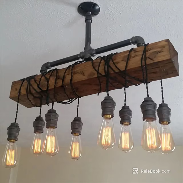 Industrial Style Chandelier With Wooden Beam Metal Pipe And Vintage Edison Bulbs 3d model 