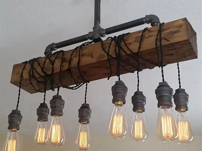 Industrial Style Chandelier With Wooden Beam Metal Pipe And Vintage Edison Bulbs 3d model
