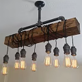 Industrial Style Chandelier With Wooden Beam Metal Pipe And Vintage Edison Bulbs