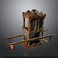 Traditional Ornate Sedan Chair With Golden Frame Painted Panels And Carrying Poles