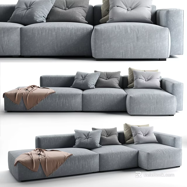 Modern Gray Fabric Sectional Sofa with Multiple Pillows and Cozy Throw Blanket 3d model