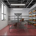 Restaurant Kitchen Interior with Stainless Steel Worktables Fresh Ingredients Red Tiled Flooring and White Walls