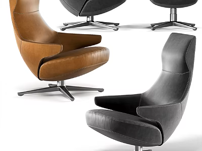 Modern Leather Leisure Chairs In Brown And Black With Swivel Metal Base Design 3d model