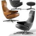 Modern Leather Leisure Chairs In Brown And Black With Swivel Metal Base Design