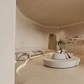 Modern Store Front Desk Featuring Curved Design Neutral Tones And Hanging Pendant Lights