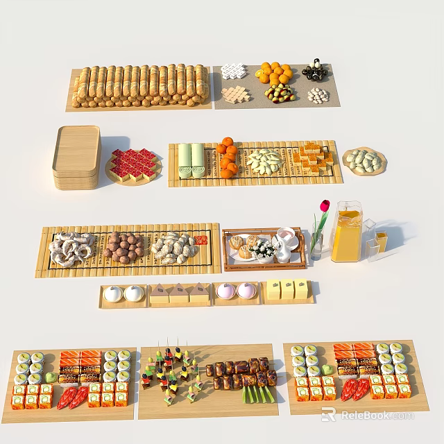 Assorted Food Items Displayed on Bamboo Trays with Fruits Pastries and Sushi 3d model 
