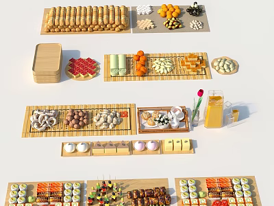 Assorted Food Items Displayed on Bamboo Trays with Fruits Pastries and Sushi 3d model