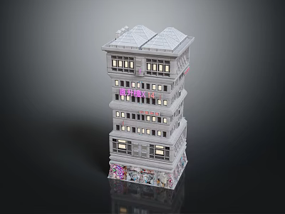 Cartoon Scene Multi Storey Building With Bright Windows Colorful Bottom Decorations And Sloped Roofs 3d model