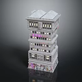 Cartoon Scene Multi Storey Building With Bright Windows Colorful Bottom Decorations And Sloped Roofs