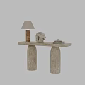 Beige Console Table With Cylindrical Pillars Table Lamp Geometric Decor And Books