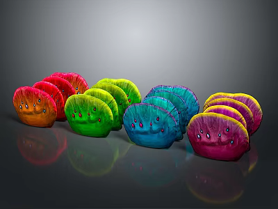 Colorful Shiny Fan Shaped Plants with Red Green Blue Pink Hues on Gray Background 3d model