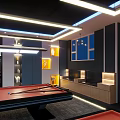 Spacious Billiard Room Interior With Multiple Tables Balls And Cues Under Bright Lighting 3d model