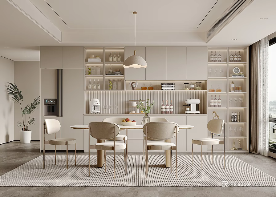 Modern Restaurant Interior With Dining Table Chairs Pendant Light Open Shelves And Potted Plant 3d model 