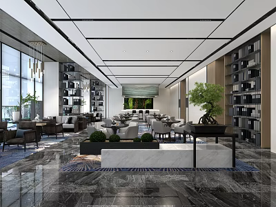 Modern Sales Office Interior With Large Windows Chandeliers Bookshelves And Green Plants 3d model