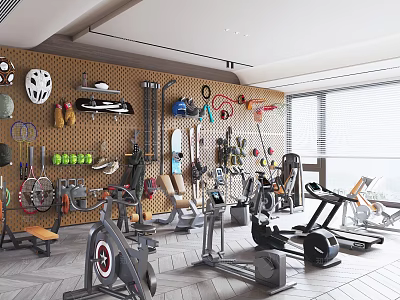 Diverse Wall Mounted Sports Equipment And Fitness Gear In Indoor Gym Area 3d model