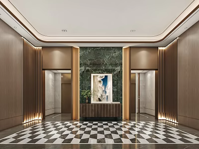 Modern Elevator Lobby Interior Design With Marble Accents Checkerboard Floor And Lighting 3d model
