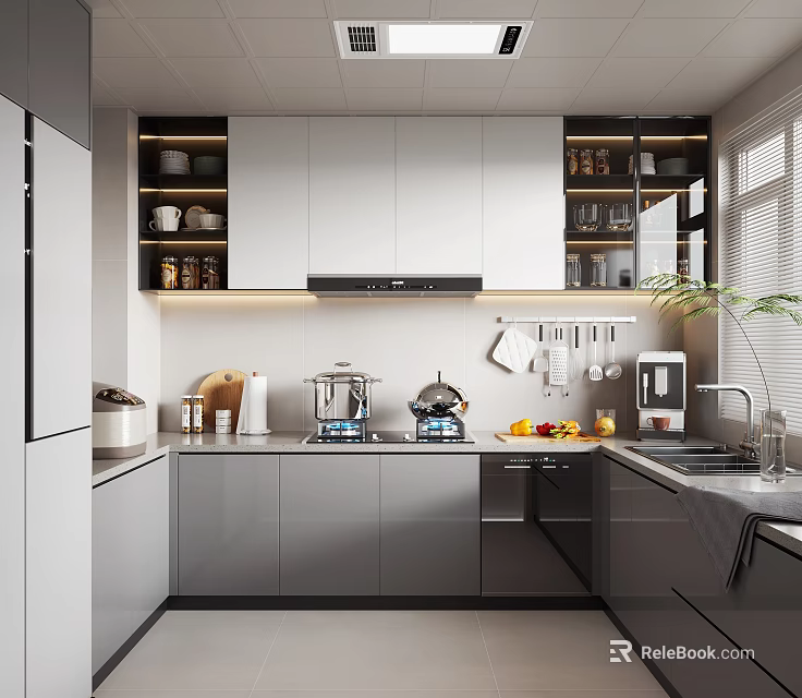 Modern Kitchen Interior With Gray Cabinets White Ceiling Counter And Appliances 3d model 