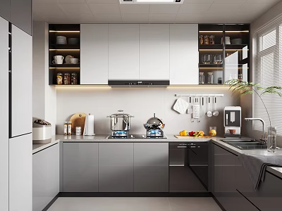 Modern Kitchen Interior With Gray Cabinets White Ceiling Counter And Appliances 3d model