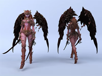 Game Movie Character With Black Wings Ornate Armor And Swords In Fantasy Style 3d model