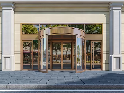 Elegant Building Entrance With Bronze Revolving Door Glass Panels Beige Wall And Stone Pillars 3d model