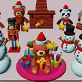 Teddy Bears And Panda Wearing Santa Hats With Christmas Gifts Snowmen And Fireplace