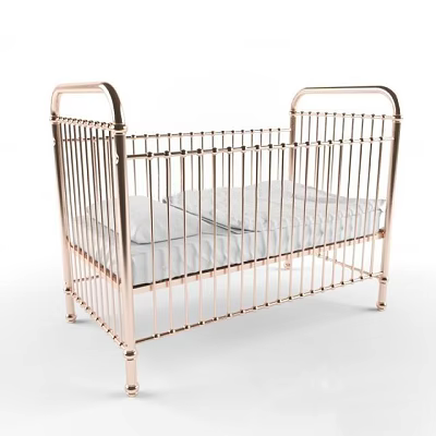 Rose Gold Metal Baby Crib With Railings And White Mattress Design 3d model