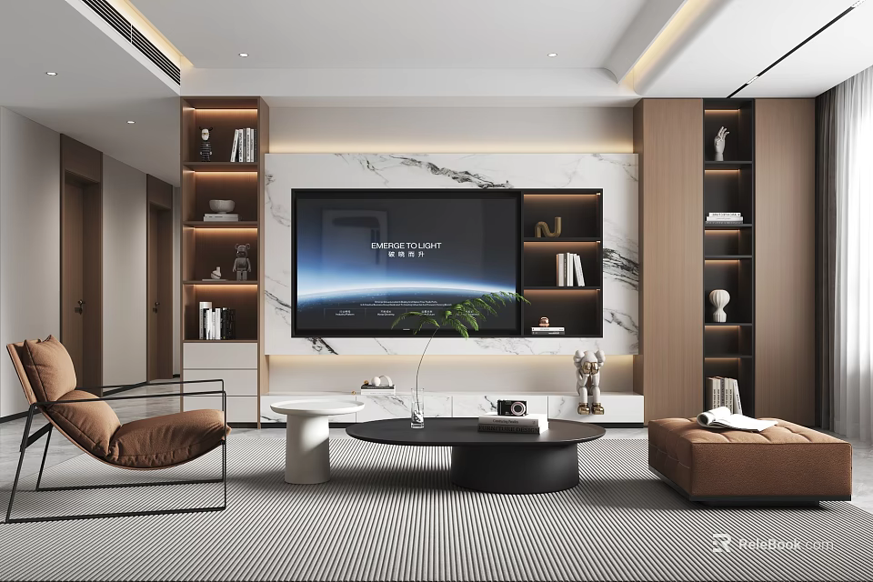Modern TV Wall Design With Marble And Wooden Shelves In Living Room 3d model 