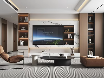 Modern TV Wall Design With Marble And Wooden Shelves In Living Room 3d model
