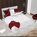 Double Bed with Wooden Accent Wall Striped Comforter Red Chair and Sea View