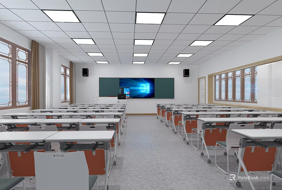 Bright Spacious School Classroom With Desks Chairs Blackboard Screen Windows And Ceiling Lights 3d model 