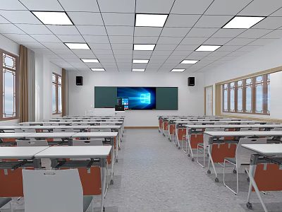 Bright Spacious School Classroom With Desks Chairs Blackboard Screen Windows And Ceiling Lights 3d model