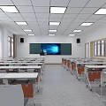 Bright Spacious School Classroom With Desks Chairs Blackboard Screen Windows And Ceiling Lights
