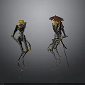 Metallic Robot Characters With Yellow Head And Red Umbrella Accessory Design 3d model