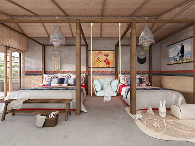 Hotel Guest Room With Bamboo Ceiling Wooden Frames Twin Beds And Decorative Paintings 3d model