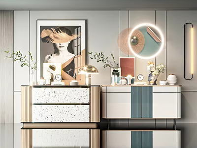 Modern Entryway Console Table And Side Cabinet With Round Mirror Green Plants And Decorative Items 3d model