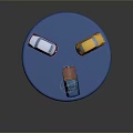 Three Small Different Colored Toy Cars Displayed on Blue Circular Platform 3d model