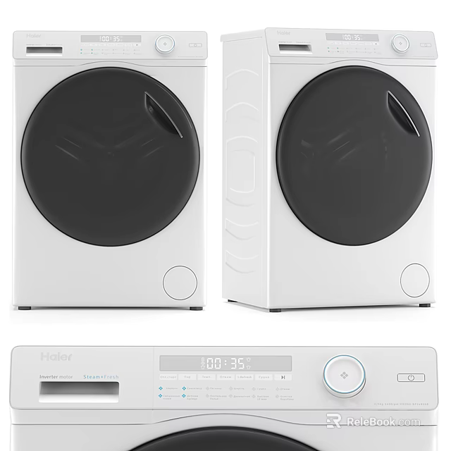 Haier White Washing Machines With Black Circular Doors And Digital Control Panel With 3d model 